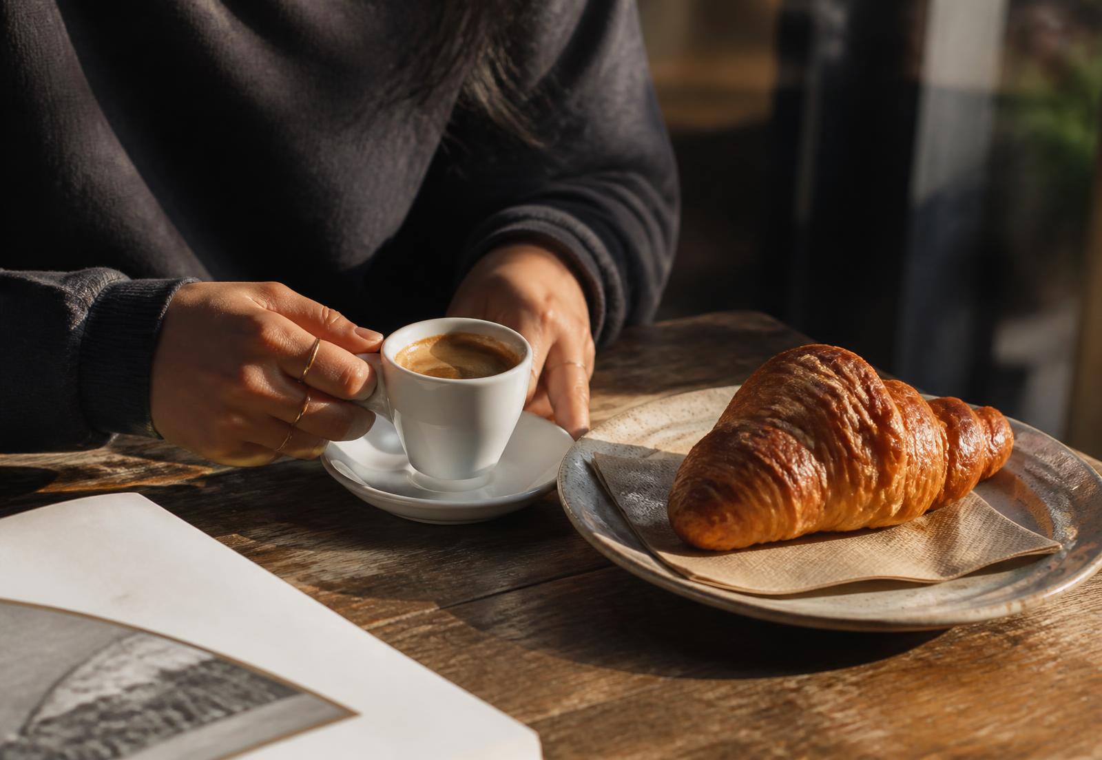 An espresso and a croissant on a cafe table in morning light