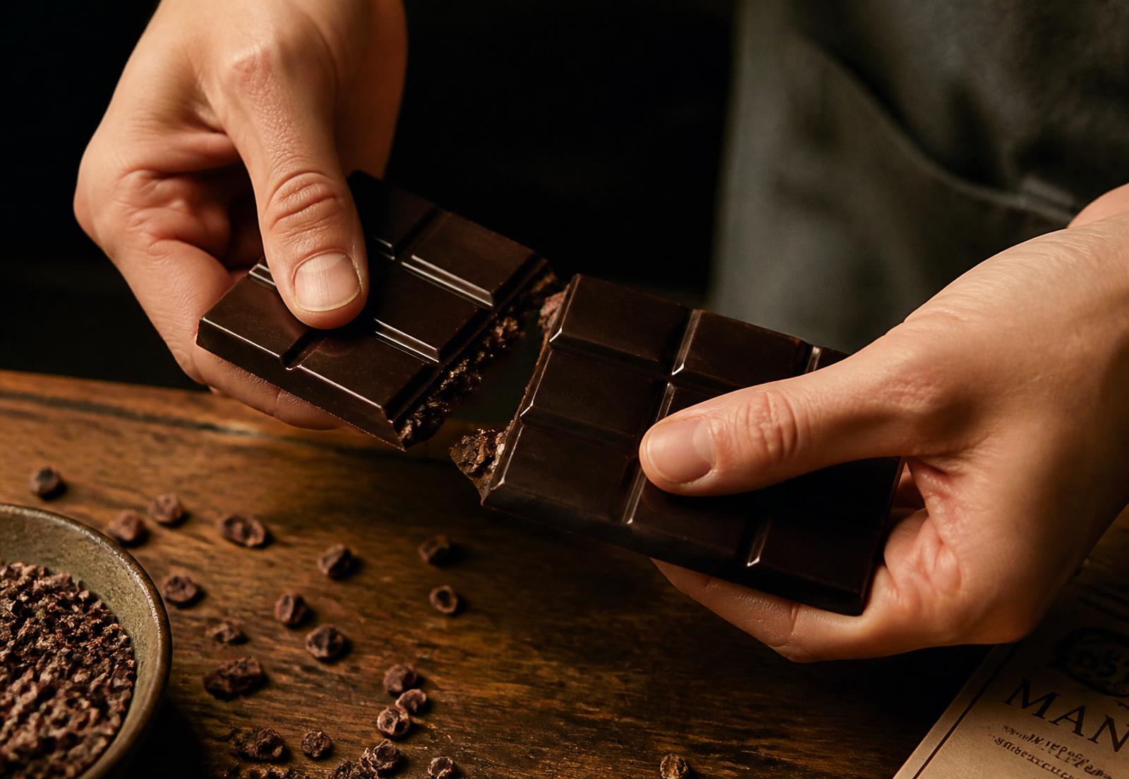 A bar of dark chocolate being snapped in half over cocoa nibs
