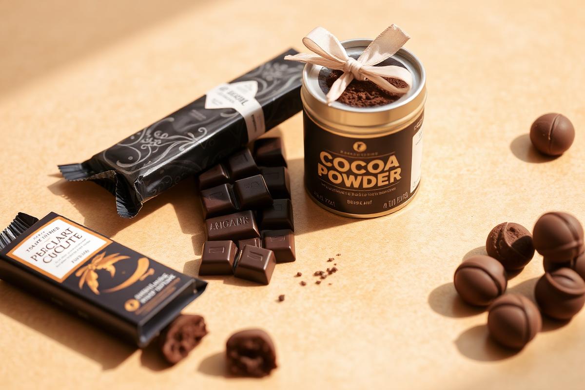 Wrapped dark chocolate bars, cocoa powder and pralines