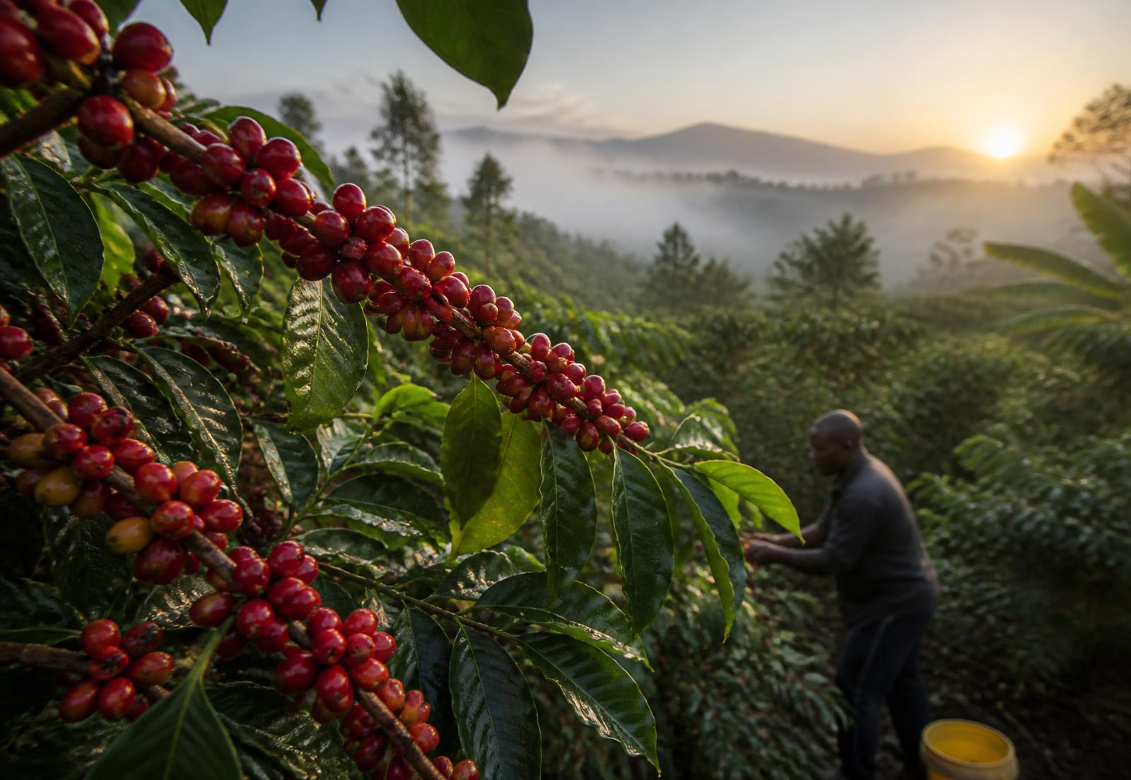 Ripe coffee cherries on the branch