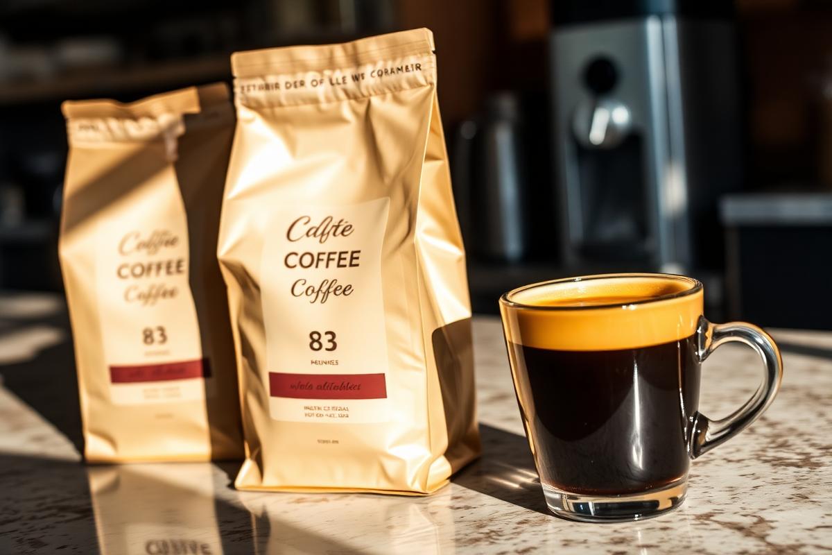 Sealed retail coffee bags beside an espresso cup