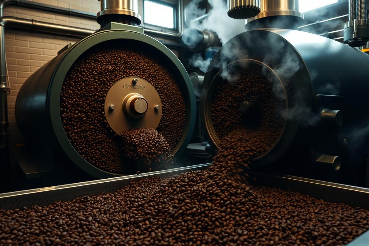 Industrial drum roaster discharging roasted coffee into a cooling tray