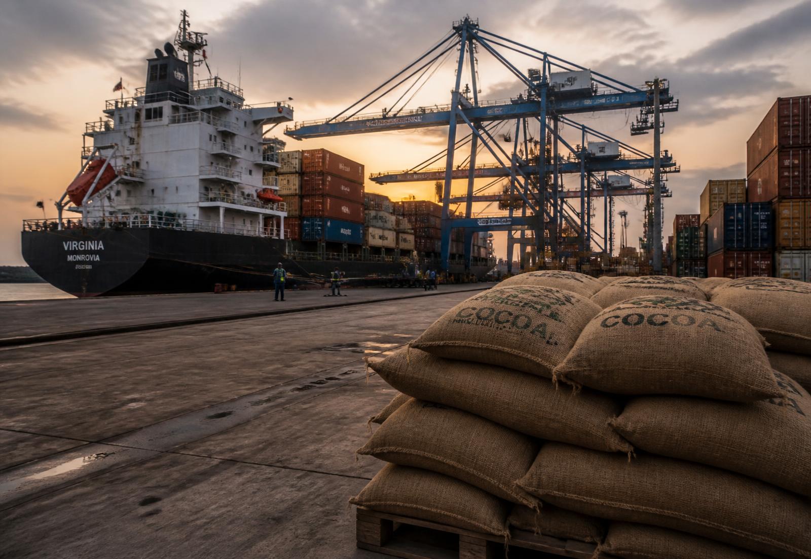 Containers and cranes at a West African load port
