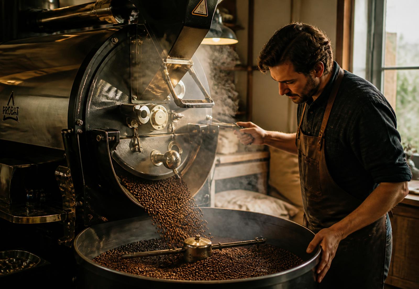 Roasted coffee beans pouring into the cooling tray at an artisan roastery